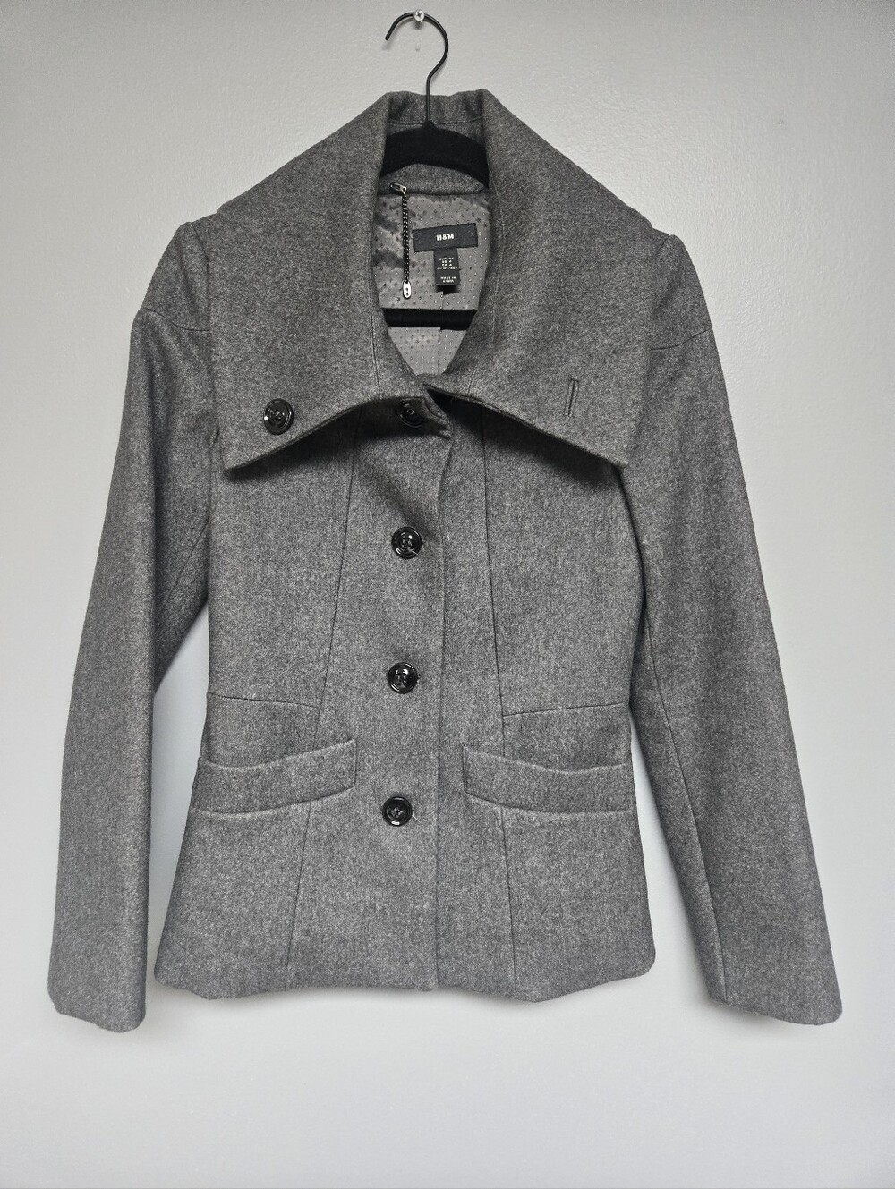 H&M Gray Wool-Blend Pea Coat with Wide Collar